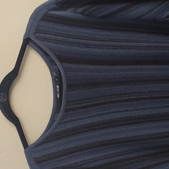 NIC+ZOE Navy Striped Boatneck Pullover Fringed Linen Sweater - Picture 2 of 11